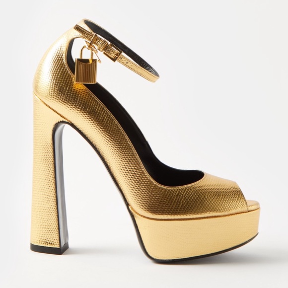 Tom Ford gold platform padlock 145 lizard-effect leather sandal heels - Picture 4 of 6